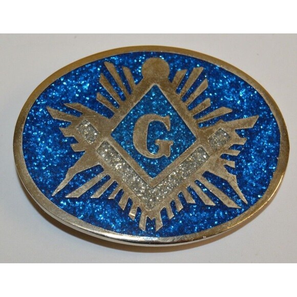NICE Vintage Beautiful Inlaid Freemasons Compass Blue Solid Belt Buckle Rare - Picture 1 of 7